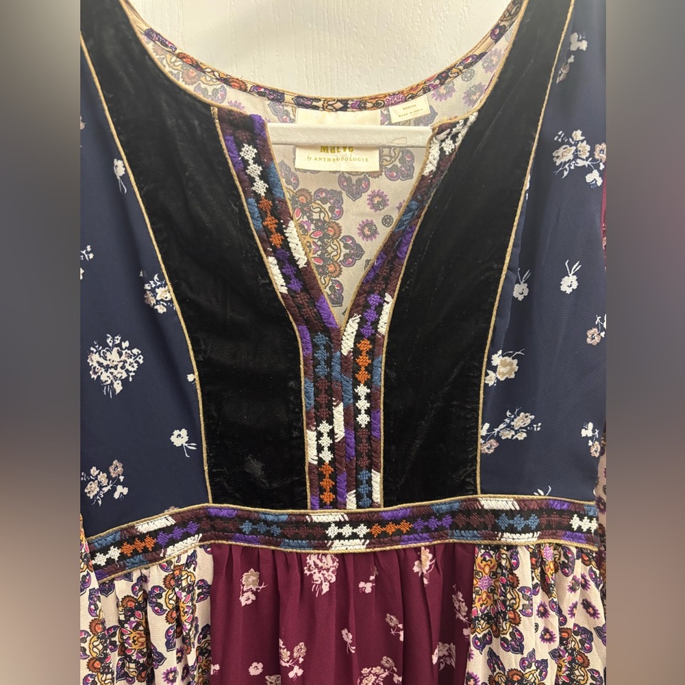 Anthropologie Maeve Quartier Latin Embroidered Patchwork Velvet Dress - Picture 2 of 6